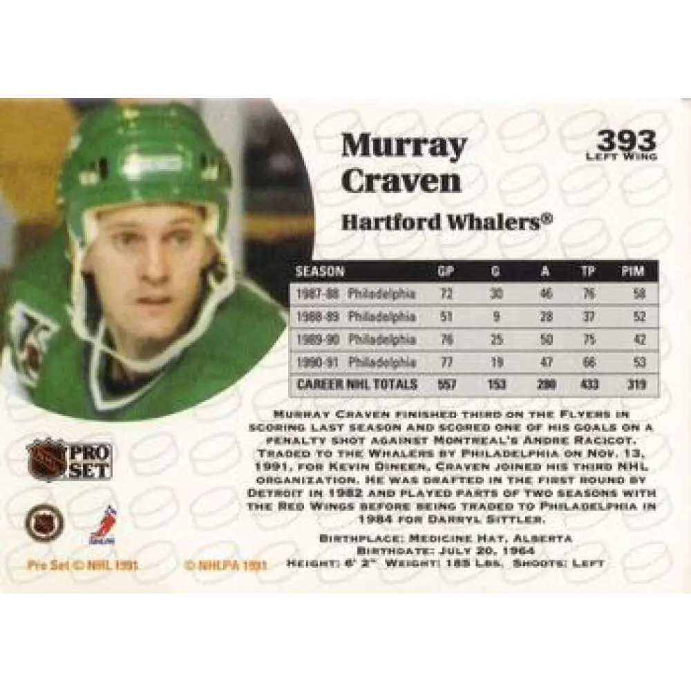 1991-92 Pro Set #393 Murray Craven NM-MT Hartford Whalers Hockey Card Image 2