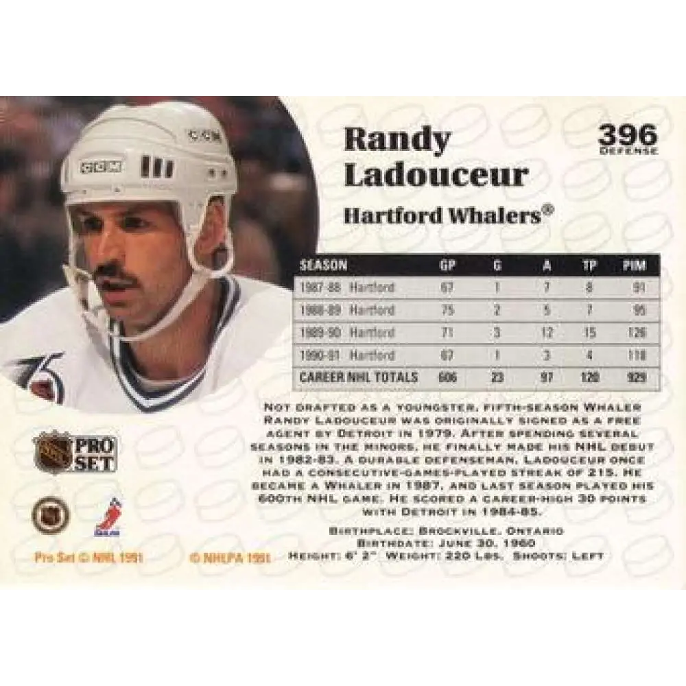 1991-92 Pro Set #396 Randy Ladouceur NM-MT Hartford Whalers Hockey Card Image 2