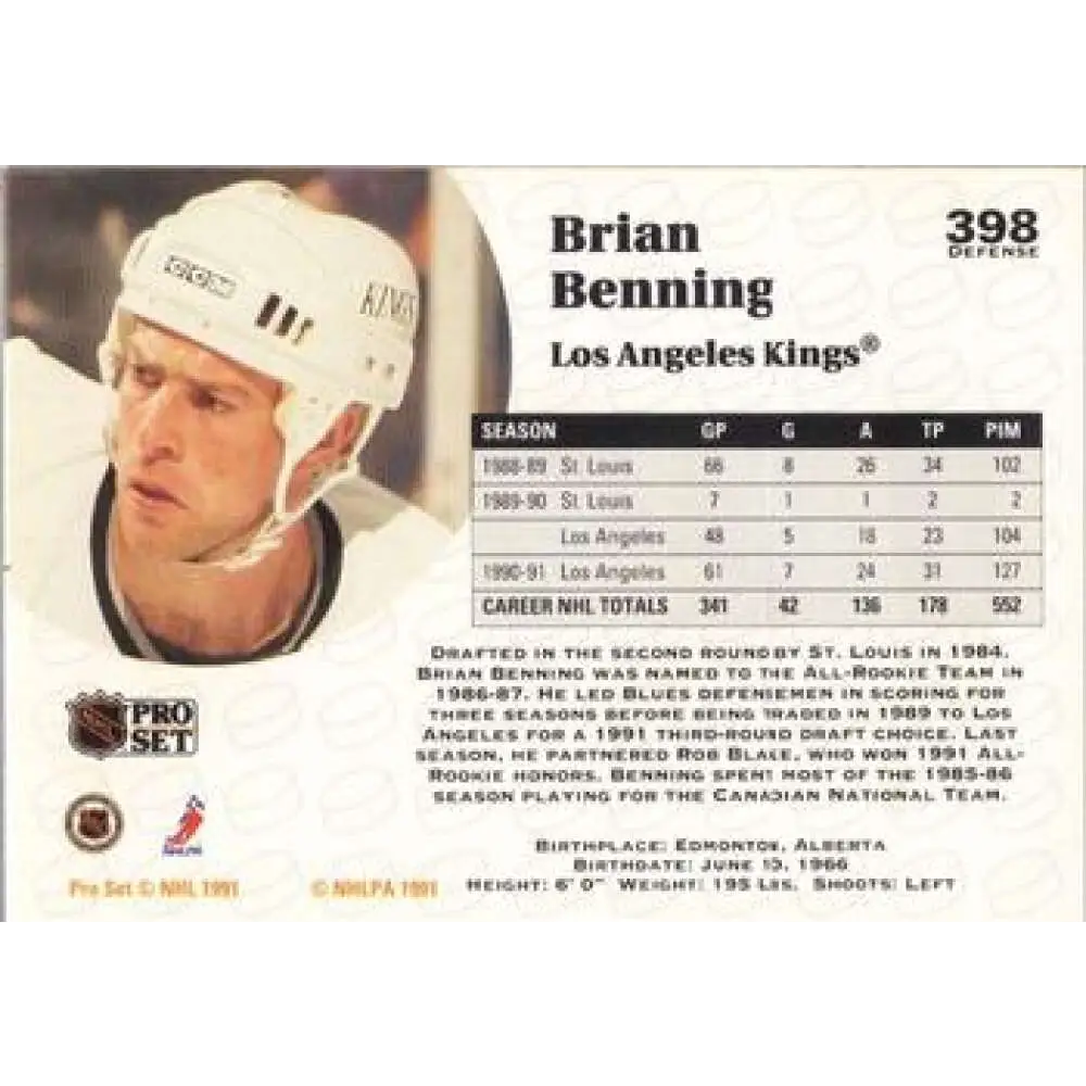 1991-92 Pro Set #398 Brian Benning NM-MT Los Angeles Kings Hockey Card Image 2