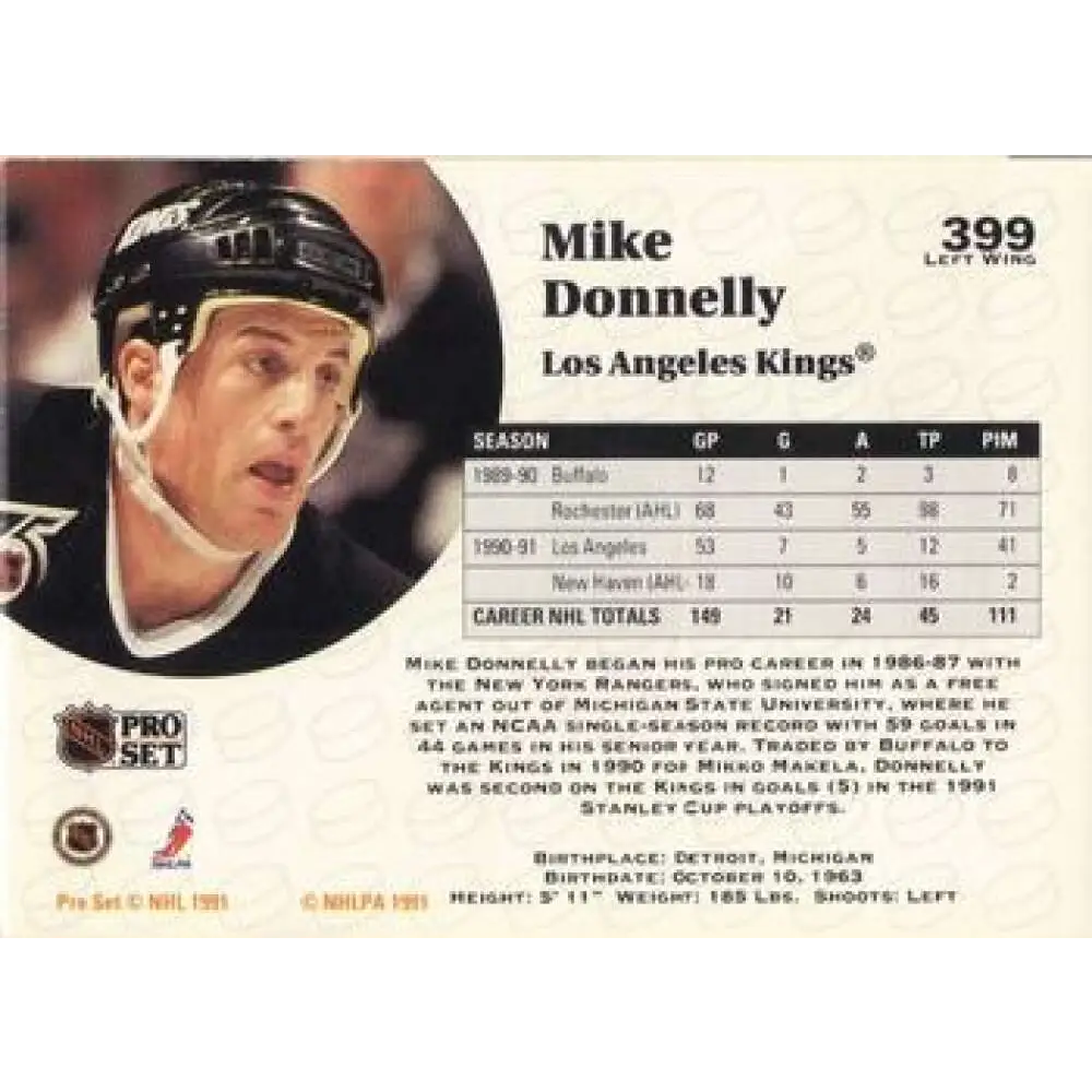 1991-92 Pro Set #399 Mike Donnelly NM-MT RC Rookie Los Angeles Kings Hockey Card Image 2