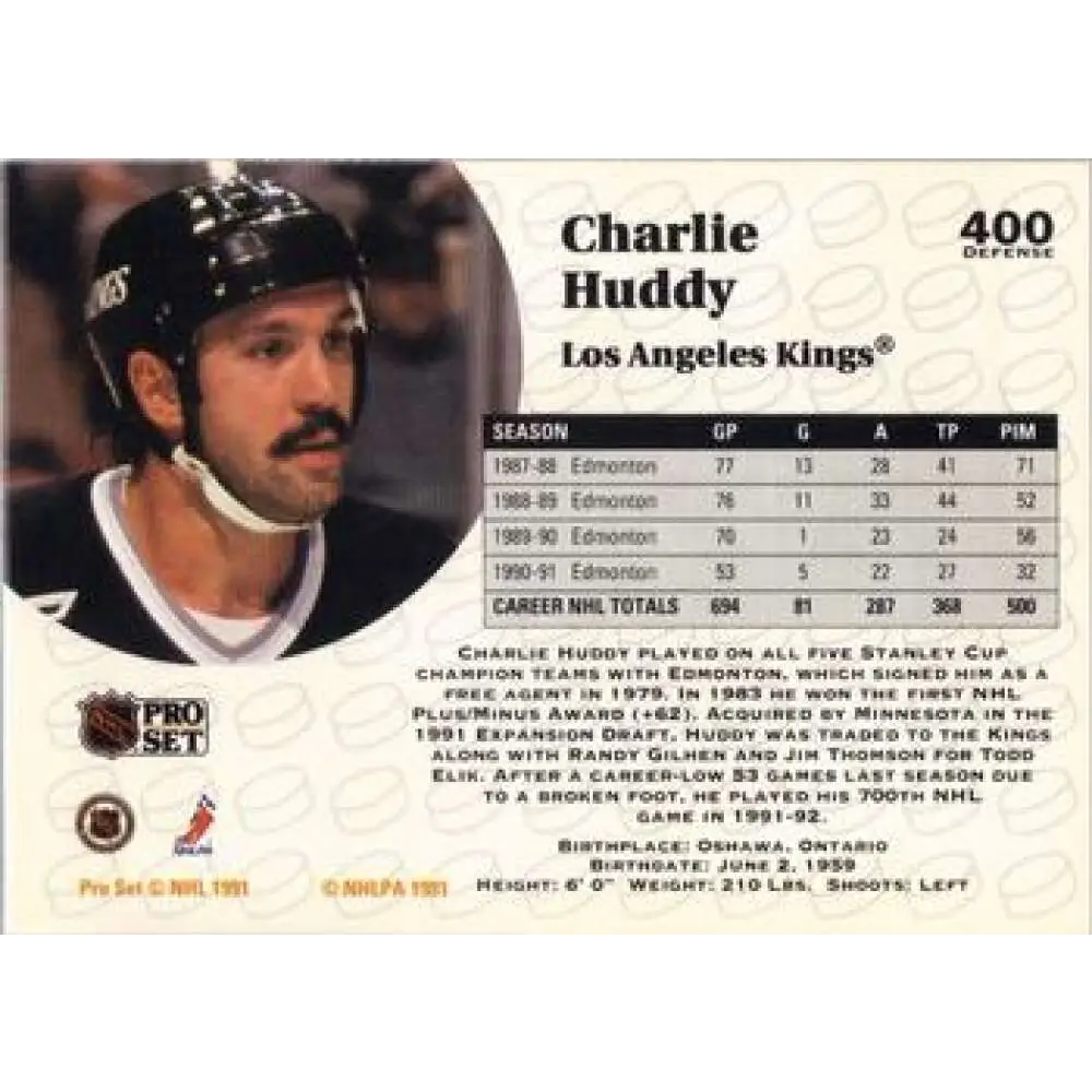1991-92 Pro Set #400 Charlie Huddy NM-MT Los Angeles Kings Hockey Card Image 2