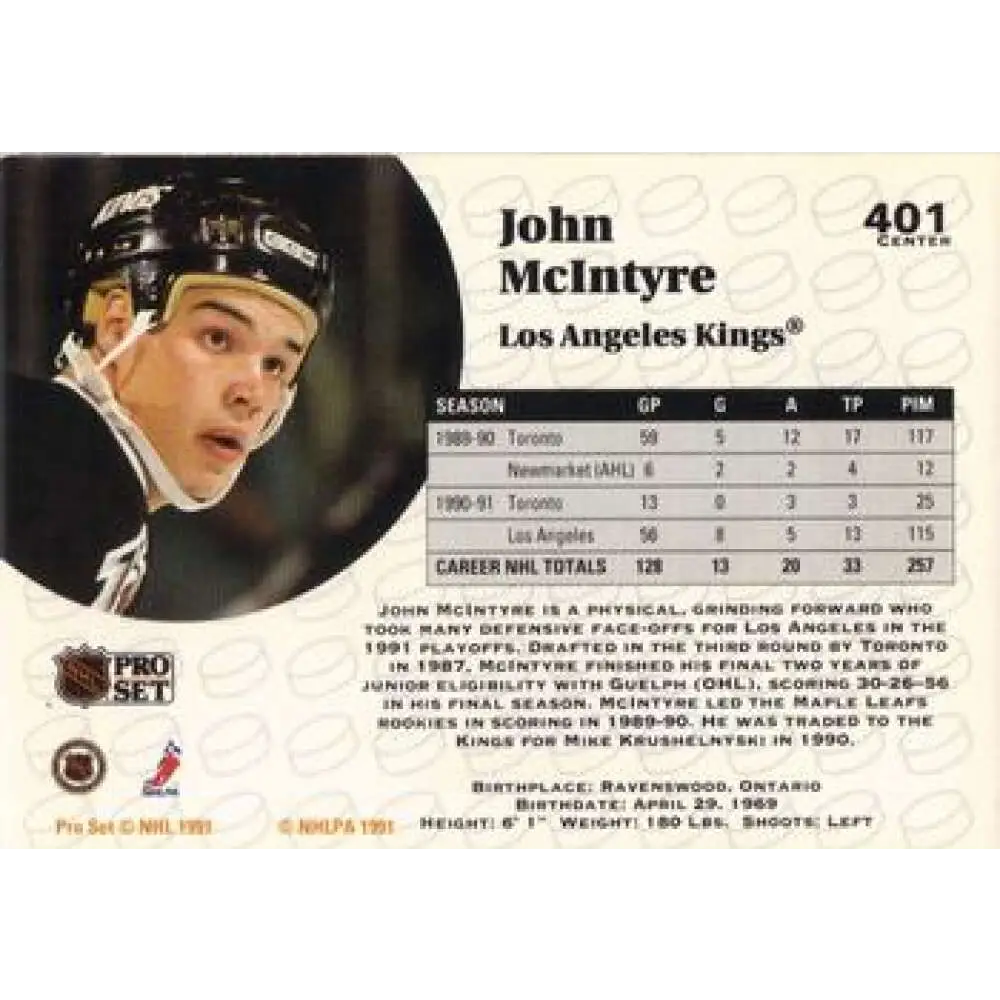 1991-92 Pro Set #401 John McIntyre NM-MT Los Angeles Kings Hockey Card Image 2