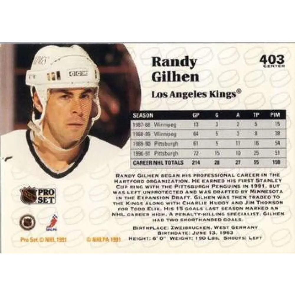 1991-92 Pro Set #403 Randy Gilhen NM-MT Los Angeles Kings Hockey Card Image 2