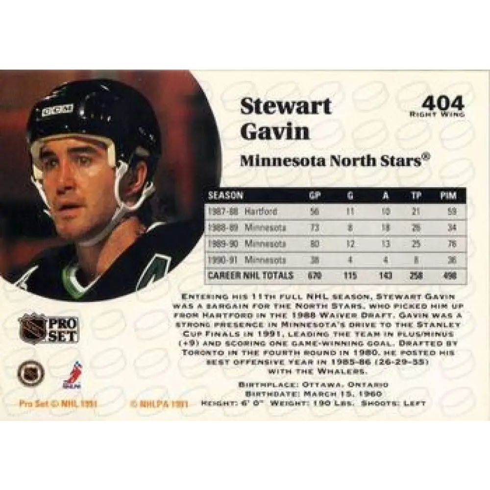 1991-92 Pro Set #404 Stewart Gavin NM-MT Minnesota North Stars Hockey Card Image 2
