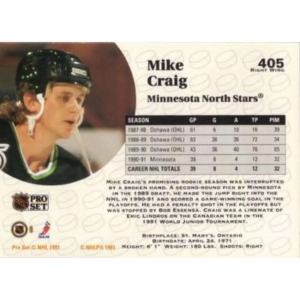 1991-92 Pro Set #405 Mike Craig NM-MT Minnesota North Stars Hockey Card Image 2