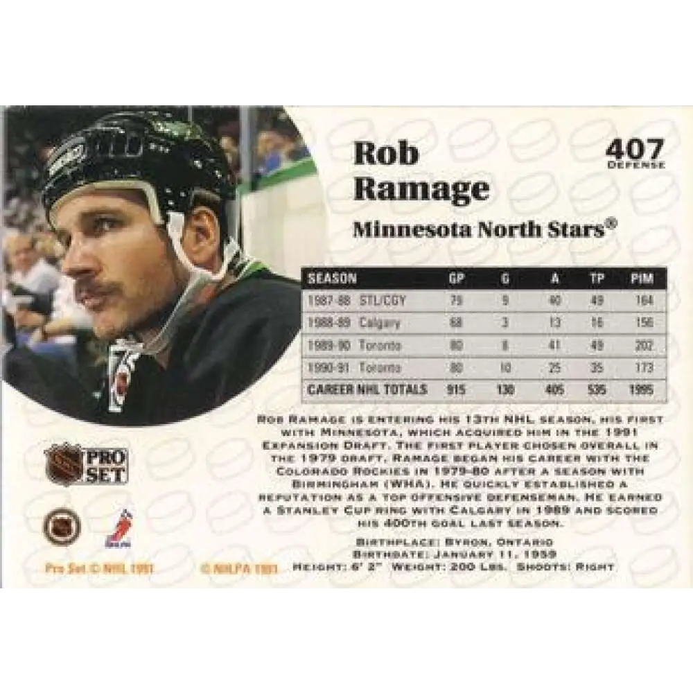 1991-92 Pro Set #407 Rob Ramage NM-MT Minnesota North Stars Hockey Card Image 2
