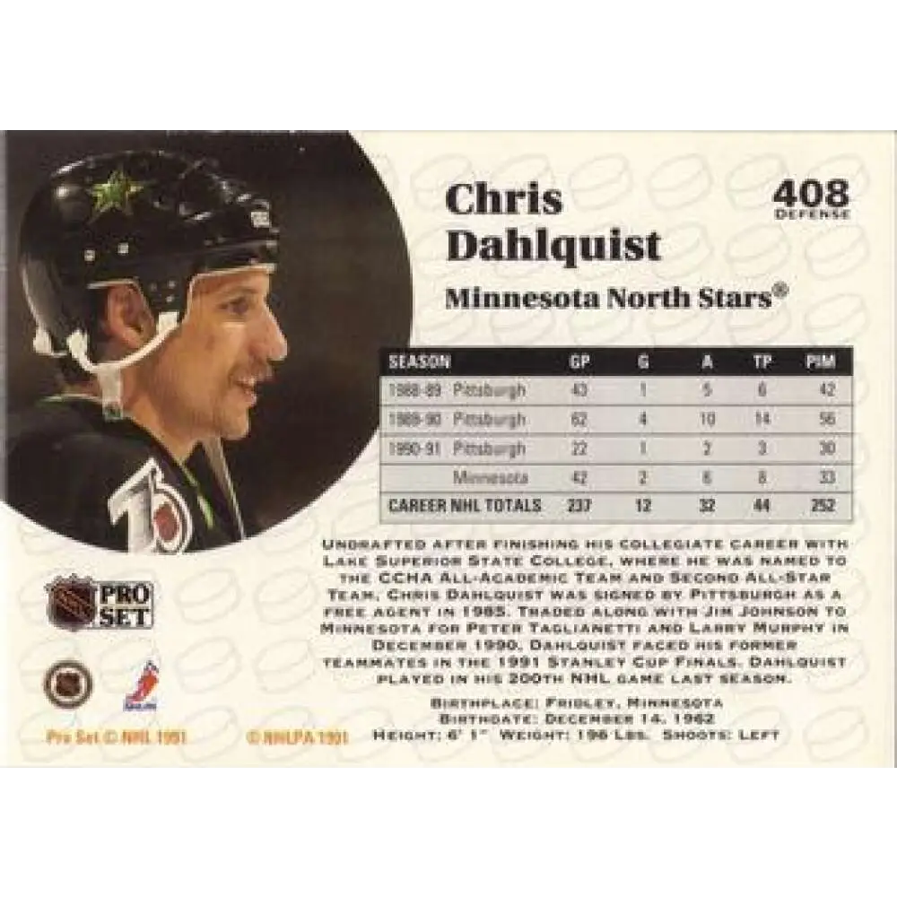 1991-92 Pro Set #408 Chris Dahlquist NM-MT Minnesota North Stars Hockey Card Image 2