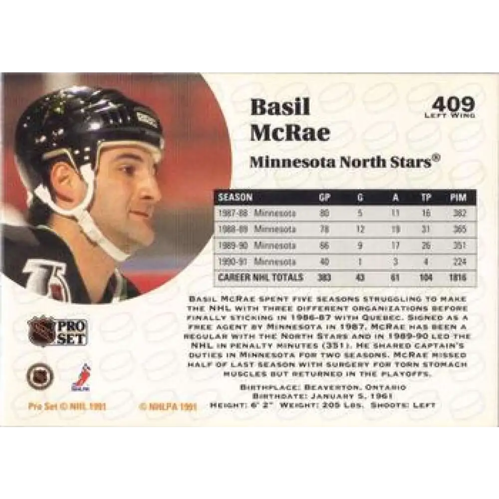 1991-92 Pro Set #409 Basil McRae NM-MT Minnesota North Stars Hockey Card Image 2