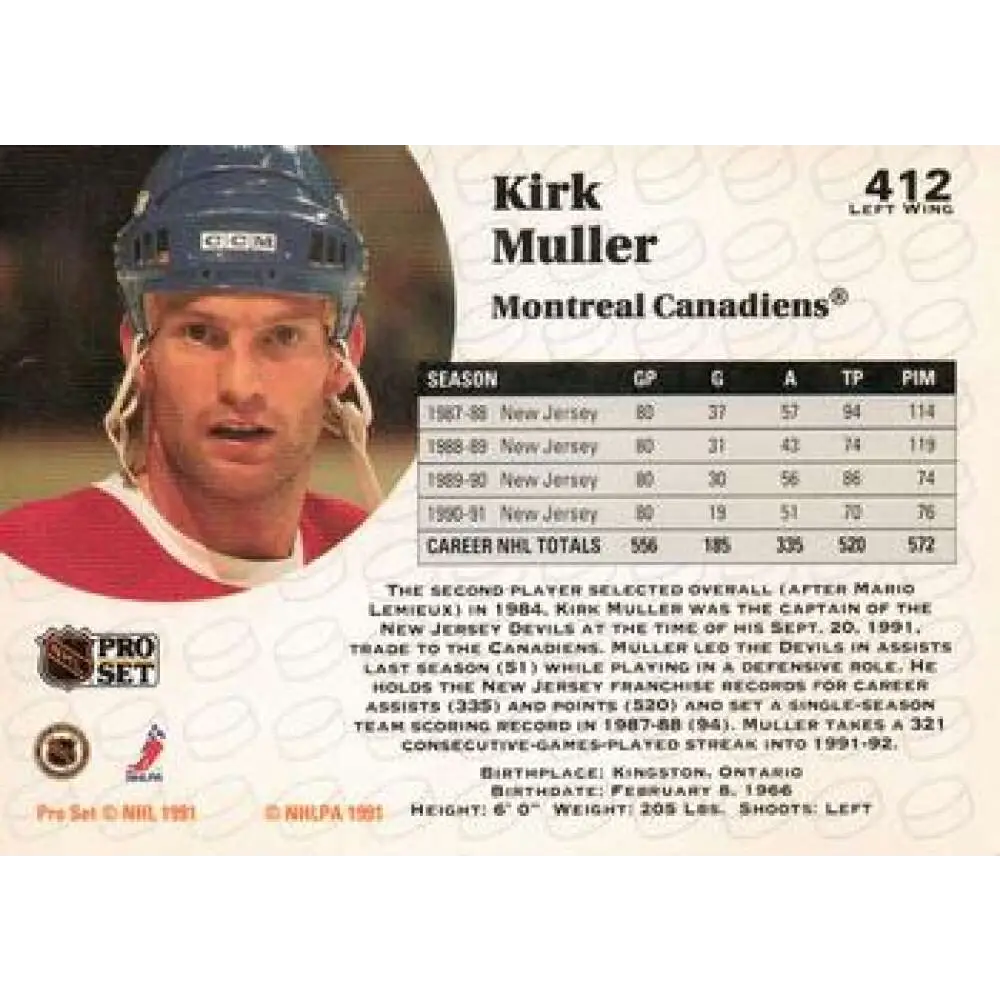 1991-92 Pro Set #412 Kirk Muller NM-MT Montreal Canadiens Hockey Card Image 2