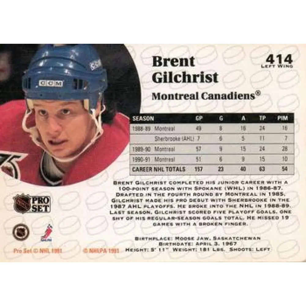 1991-92 Pro Set #414 Brent Gilchrist NM-MT Montreal Canadiens Hockey Card Image 2