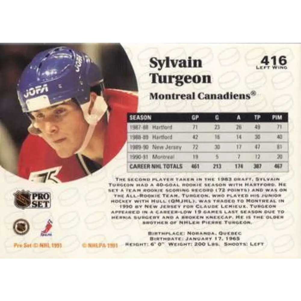 1991-92 Pro Set #416 Sylvain Turgeon NM-MT Montreal Canadiens Hockey Card Image 2