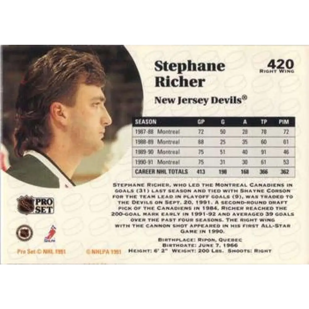 1991-92 Pro Set #420 Stephane Richer NM-MT New Jersey Devils Hockey Card Image 2