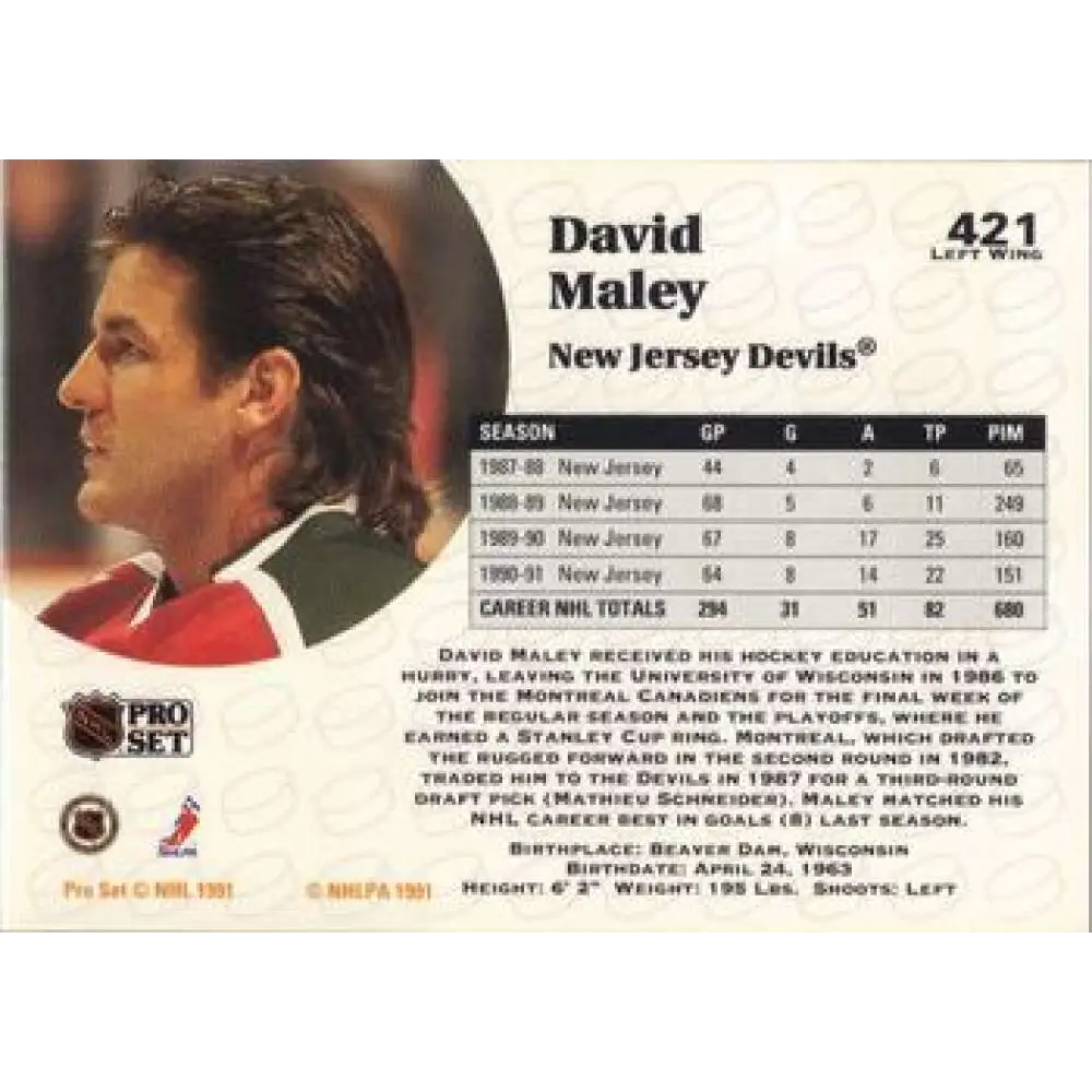 1991-92 Pro Set #421 David Maley NM-MT New Jersey Devils Hockey Card Image 2