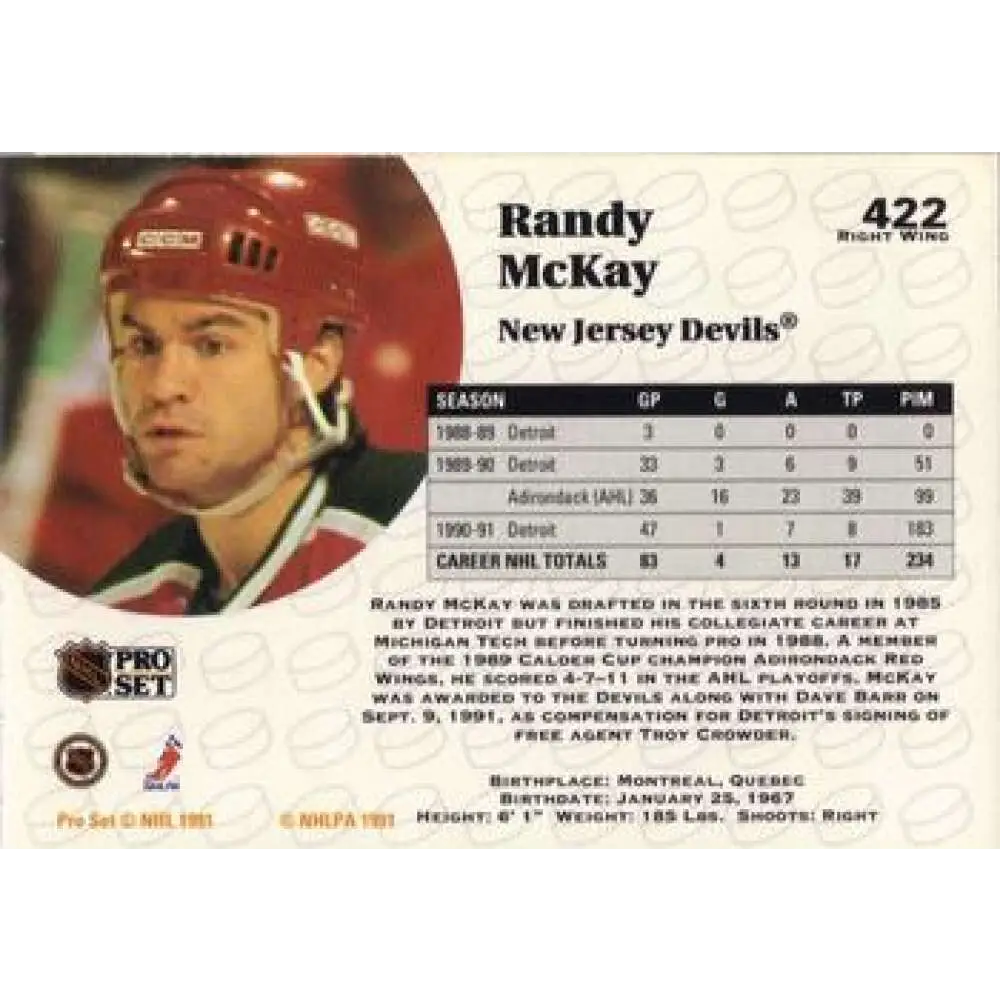 1991-92 Pro Set #422 Randy McKay NM-MT New Jersey Devils Hockey Card Image 2