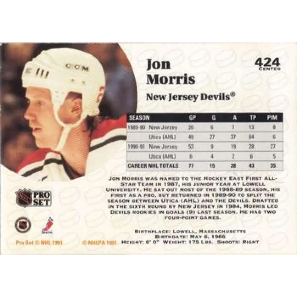1991-92 Pro Set #424 Jon Morris NM-MT New Jersey Devils Hockey Card Image 2