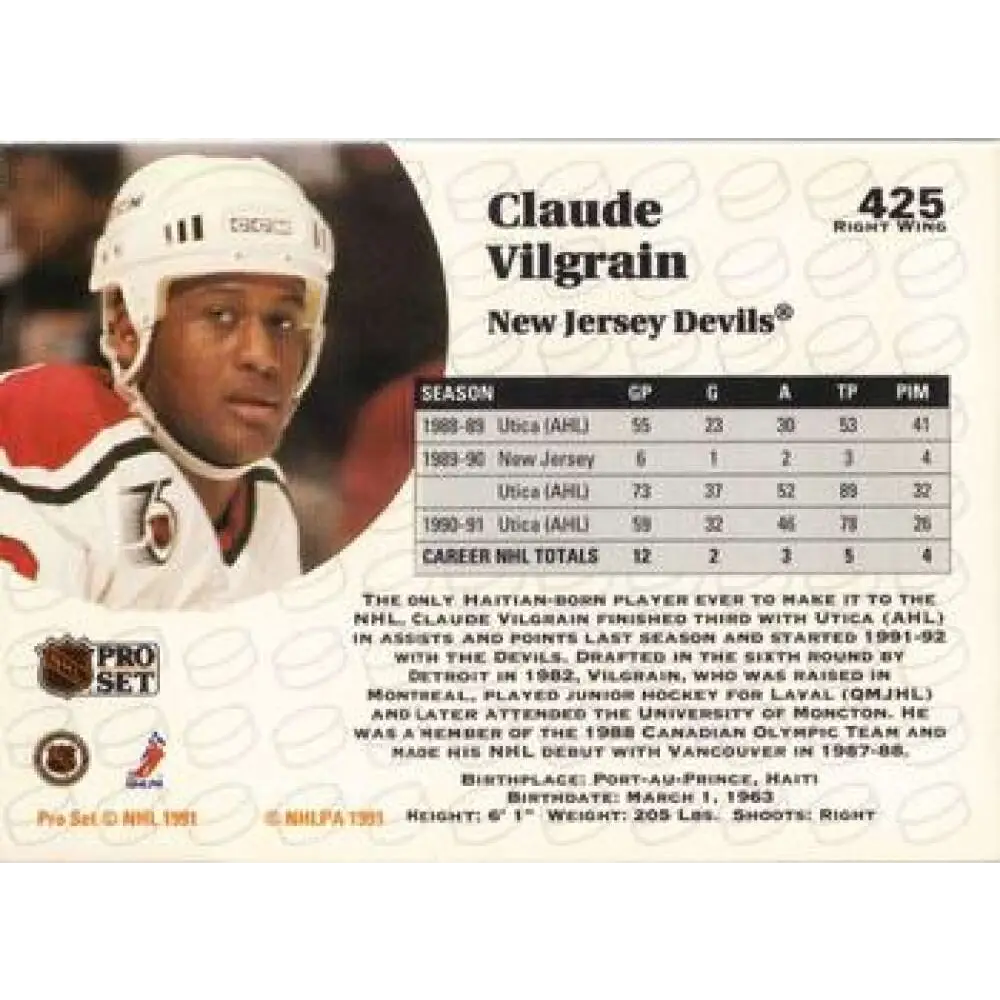 1991-92 Pro Set #425 Claude Vilgrain NM-MT New Jersey Devils Hockey Card Image 2