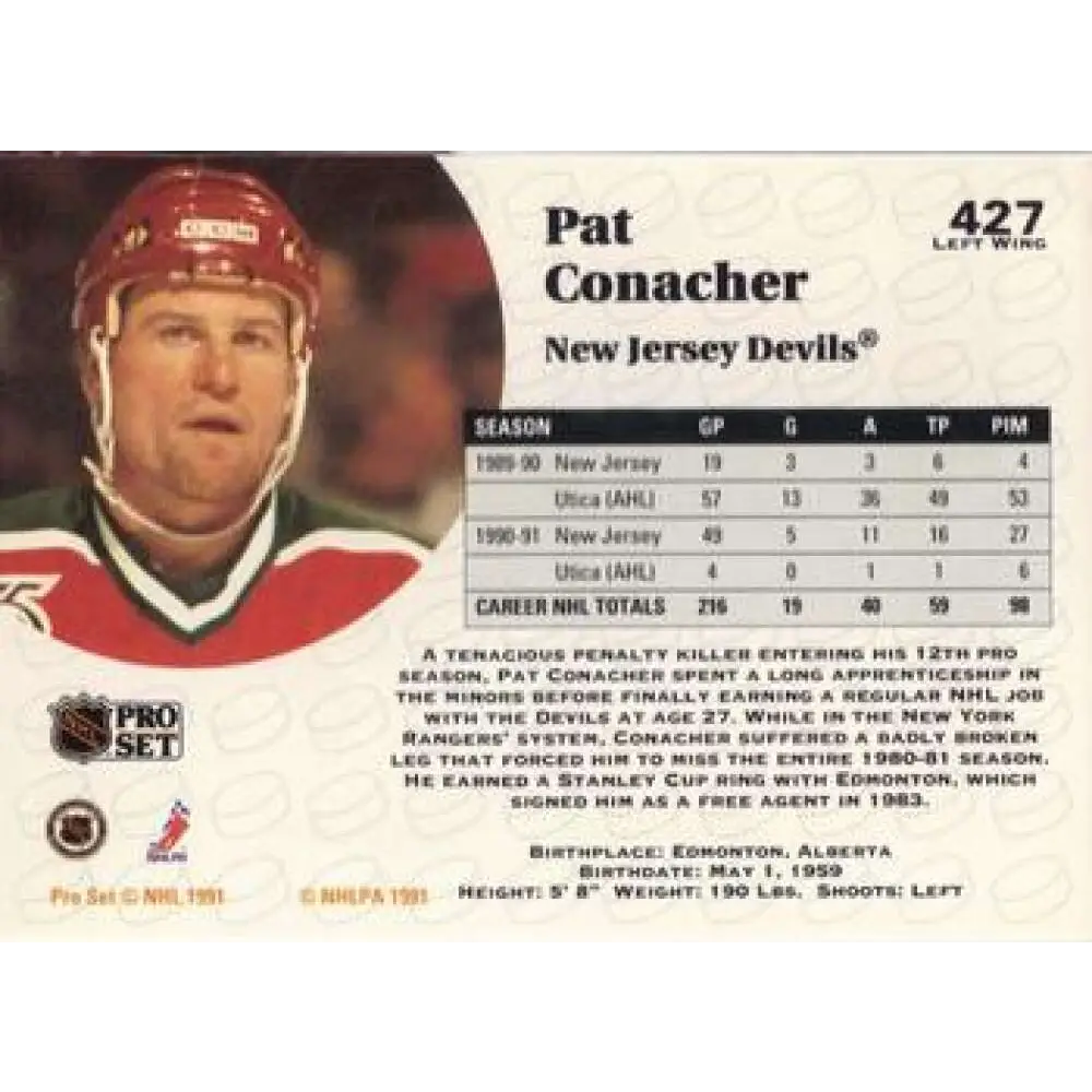 1991-92 Pro Set #427 Pat Conacher NM-MT New Jersey Devils Hockey Card Image 2