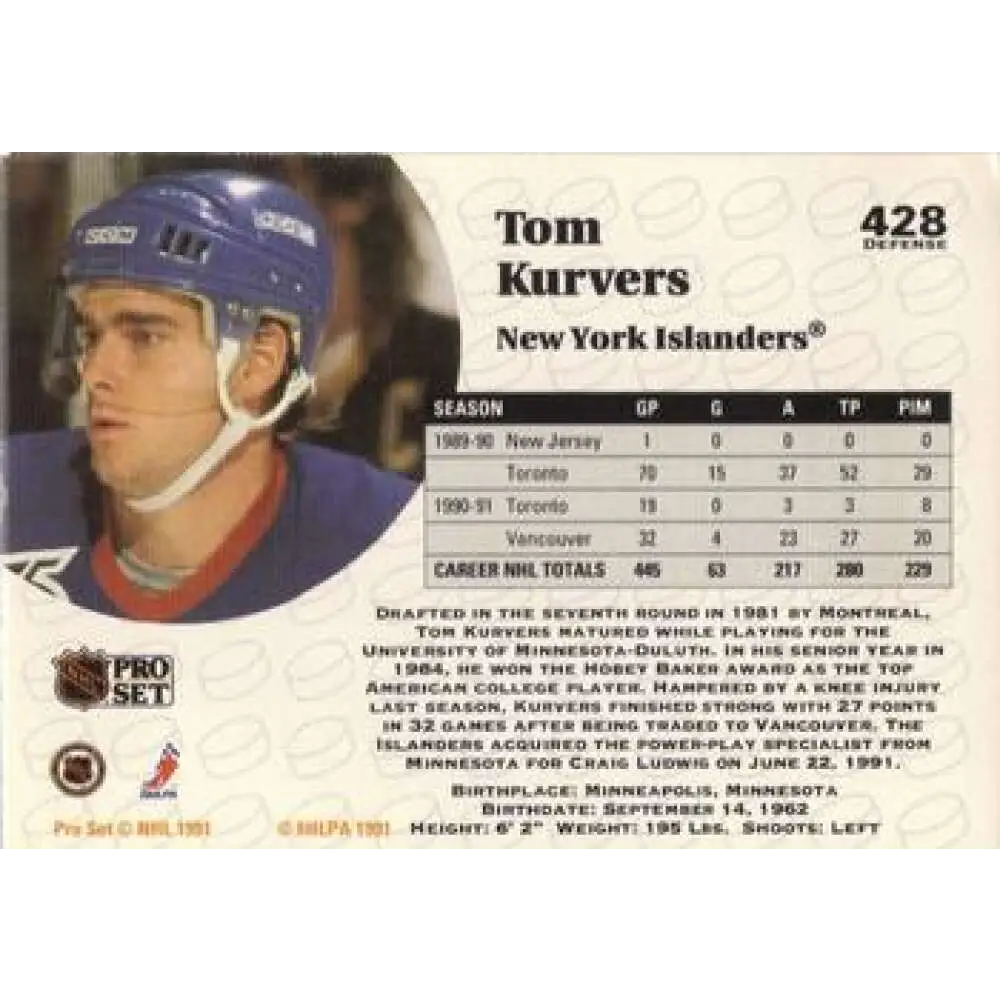 1991-92 Pro Set #428 Tom Kurvers NM-MT New York Islanders Hockey Card Image 2