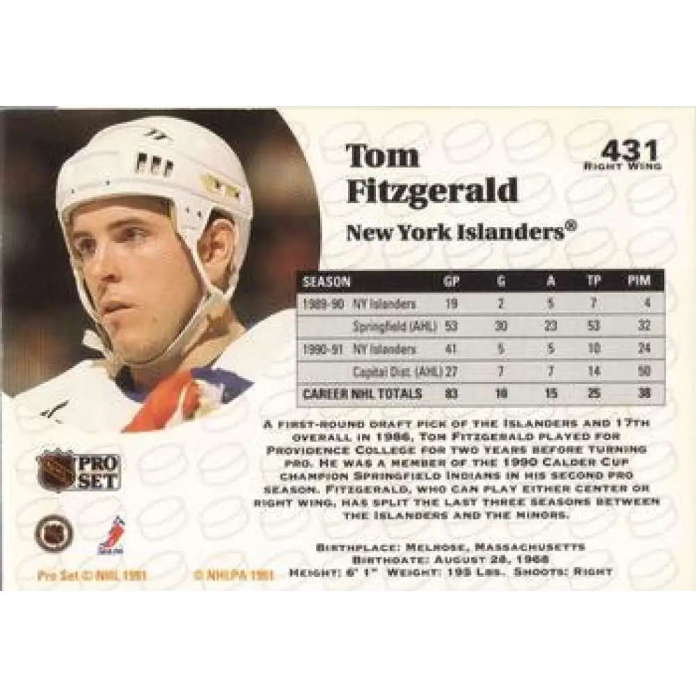 1991-92 Pro Set #431 Tom Fitzgerald NM-MT New York Islanders Hockey Card Image 2