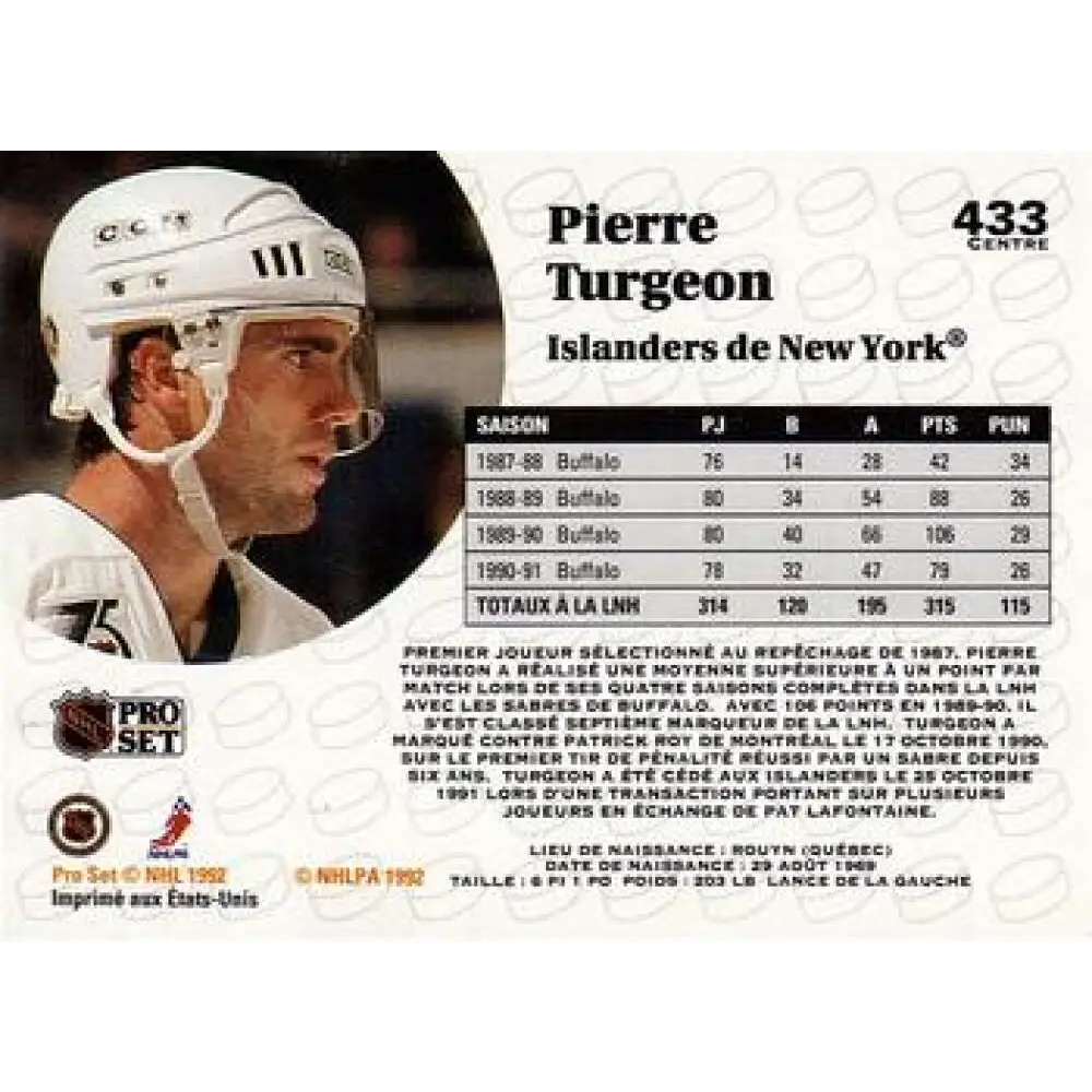 1991-92 Pro Set #433 Pierre Turgeon NM-MT New York Islanders Hockey Card Image 2