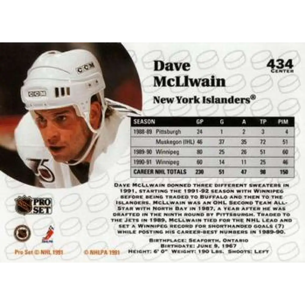 1991-92 Pro Set #434 Dave McLlwain NM-MT New York Islanders Hockey Card Image 2