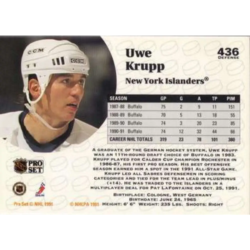 1991-92 Pro Set #436 Uwe Krupp NM-MT New York Islanders Hockey Card Image 2