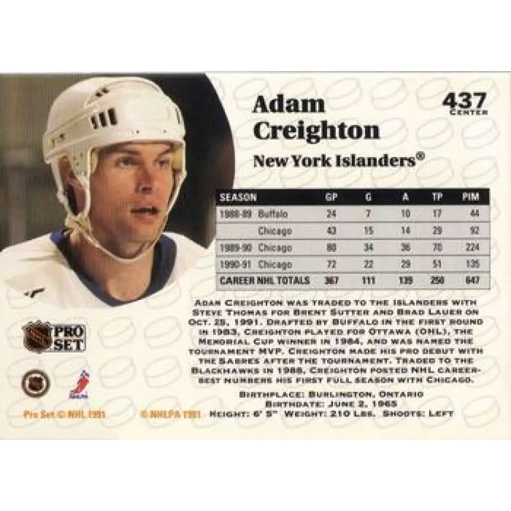 1991-92 Pro Set #437 Adam Creighton NM-MT New York Islanders Hockey Card Image 2