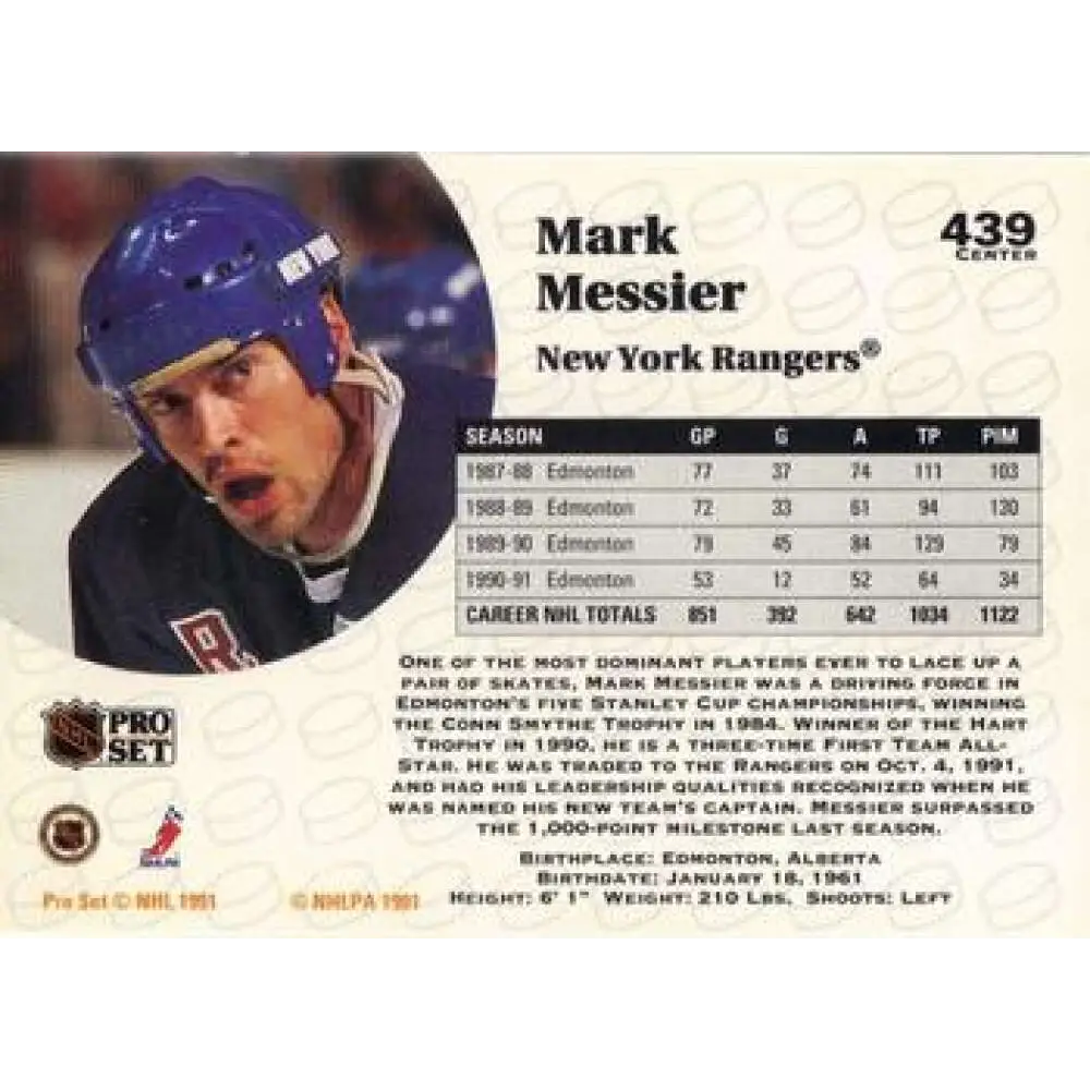 1991-92 Pro Set #439 Mark Messier NM-MT New York Rangers Hockey Card Image 2
