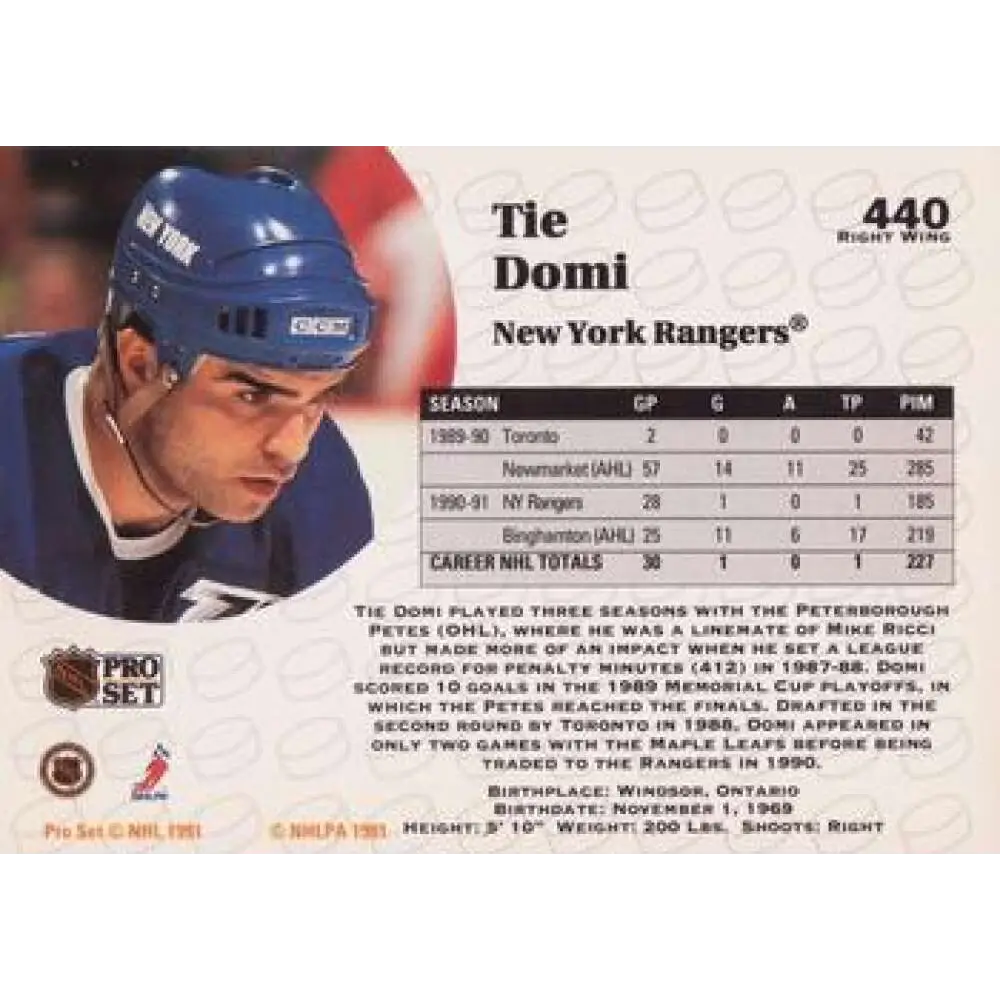 1991-92 Pro Set #440 Tie Domi NM-MT New York Rangers Hockey Card Image 2
