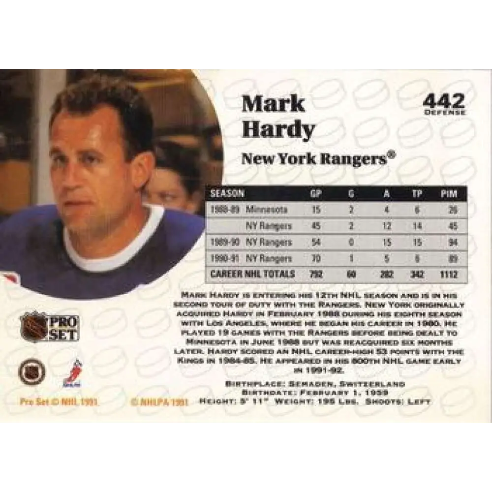 1991-92 Pro Set #442 Mark Hardy NM-MT New York Rangers Hockey Card Image 2