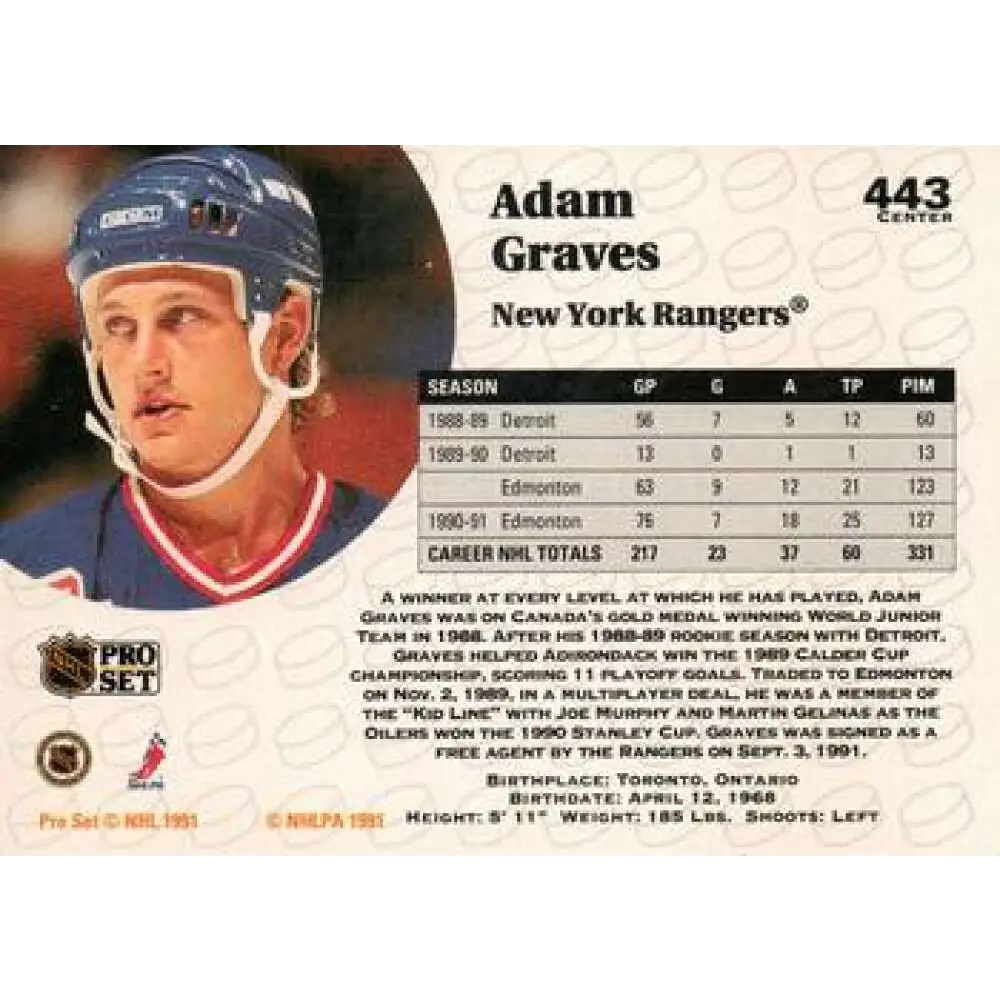 1991-92 Pro Set #443 Adam Graves NM-MT New York Rangers Hockey Card Image 2