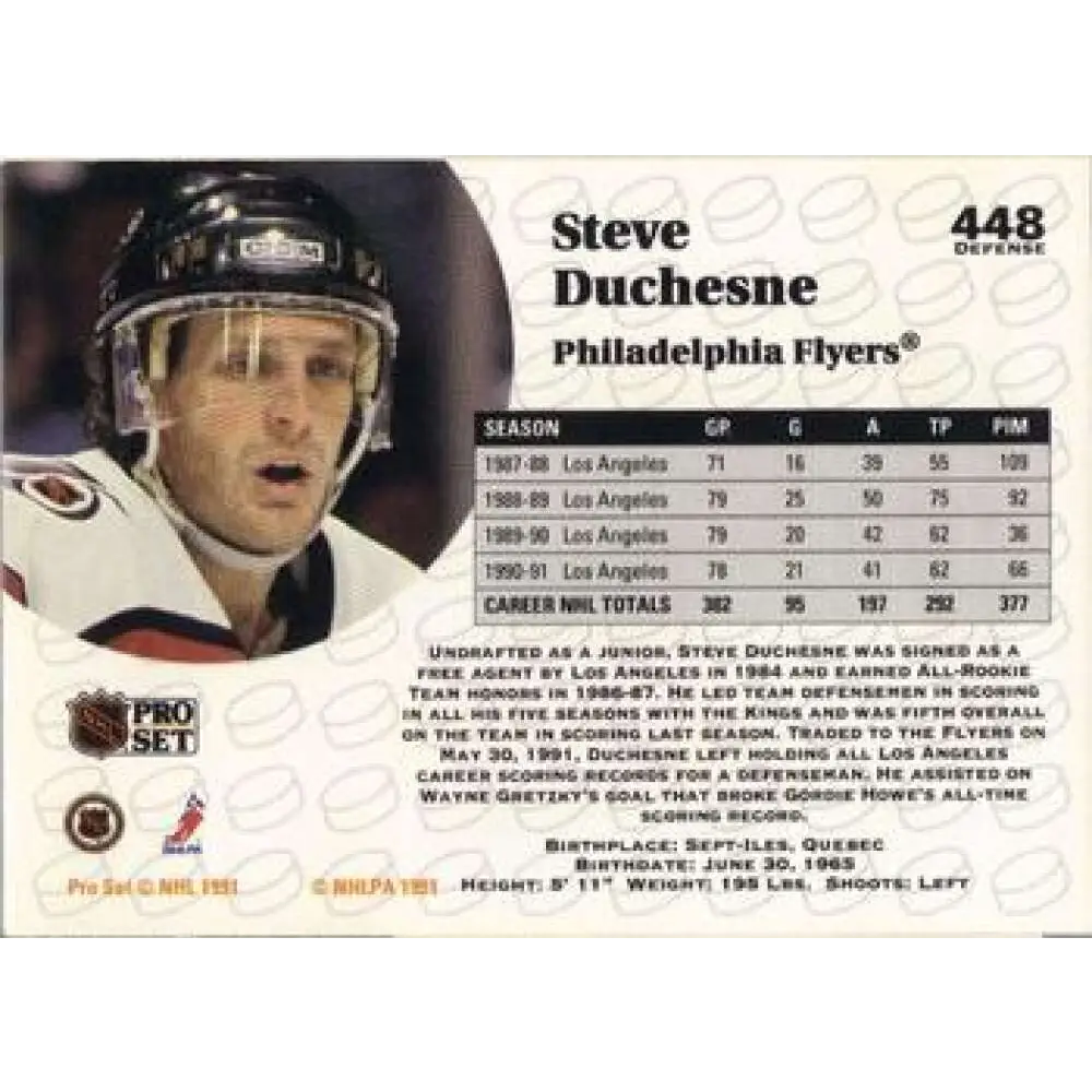 1991-92 Pro Set #448 Steve Duchesne NM-MT Philadelphia Flyers Hockey Card Image 2