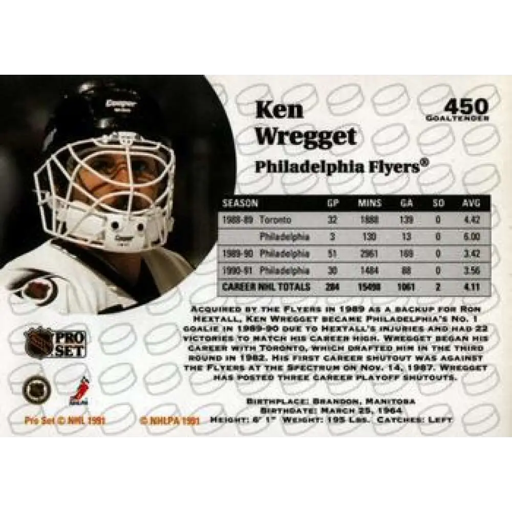 1991-92 Pro Set #450 Ken Wregget NM-MT Philadelphia Flyers Hockey Card Image 2