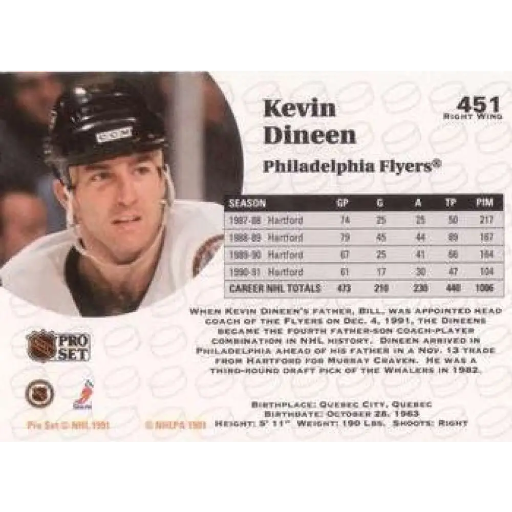 1991-92 Pro Set #451 Kevin Dineen NM-MT Philadelphia Flyers Hockey Card Image 2