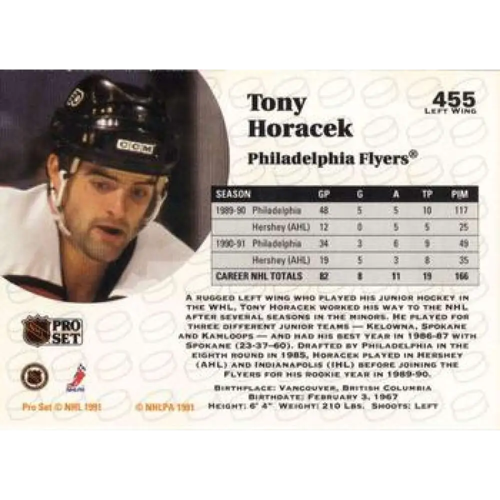 1991-92 Pro Set #455 Tony Horacek NM-MT Philadelphia Flyers Hockey Card Image 2