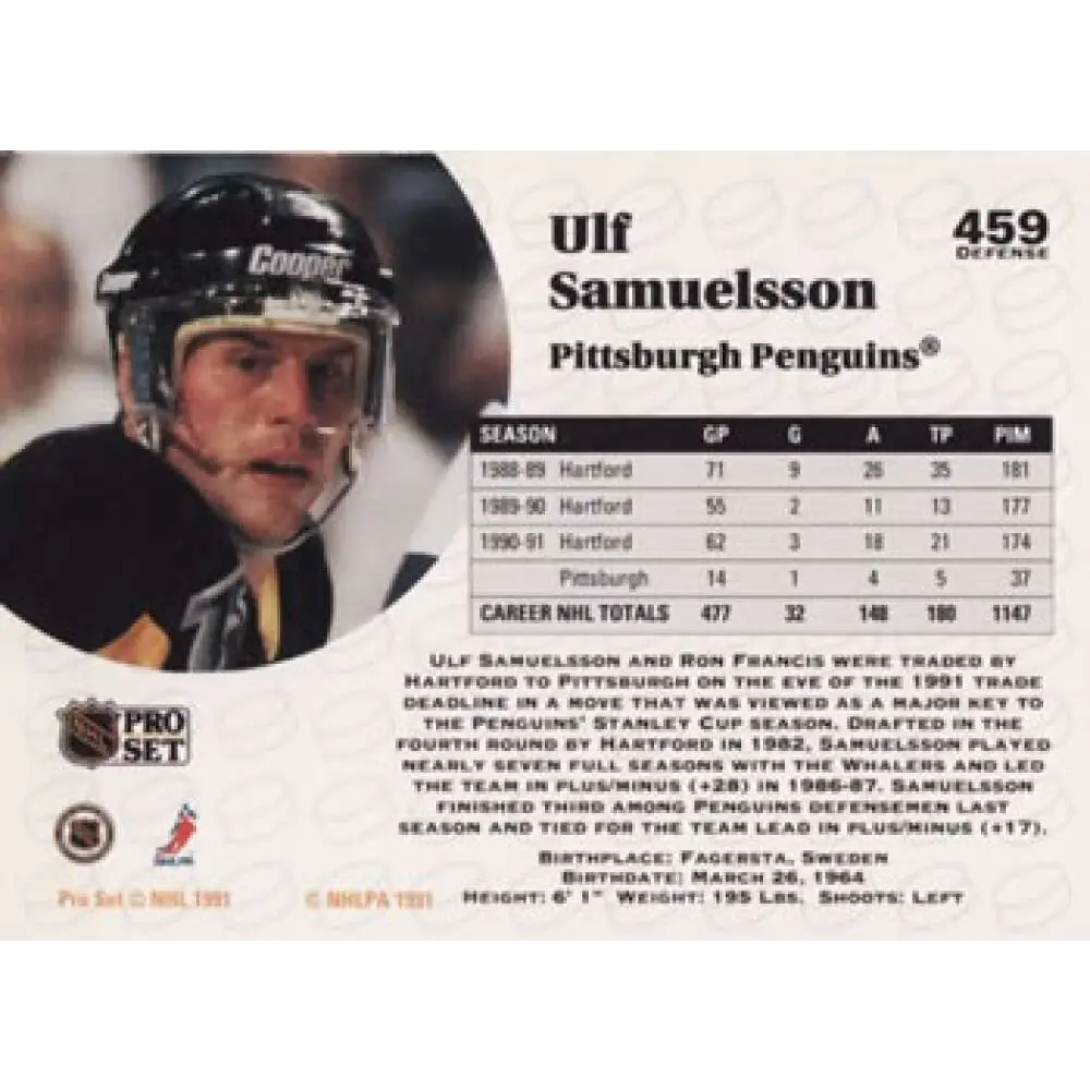 1991-92 Pro Set #459 Ulf Samuelsson NM-MT Pittsburgh Penguins Hockey Card Image 2