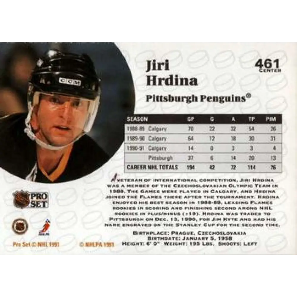 1991-92 Pro Set #461 Jiri Hrdina NM-MT Pittsburgh Penguins Hockey Card Image 2