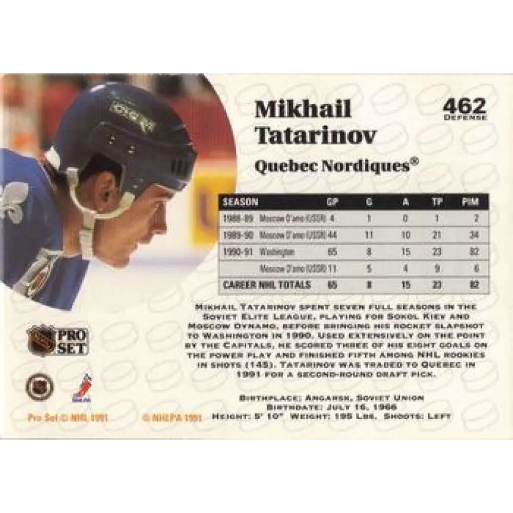 1991-92 Pro Set #462 Mikhail Tatarinov NM-MT Quebec Nordiques Hockey Card Image 2