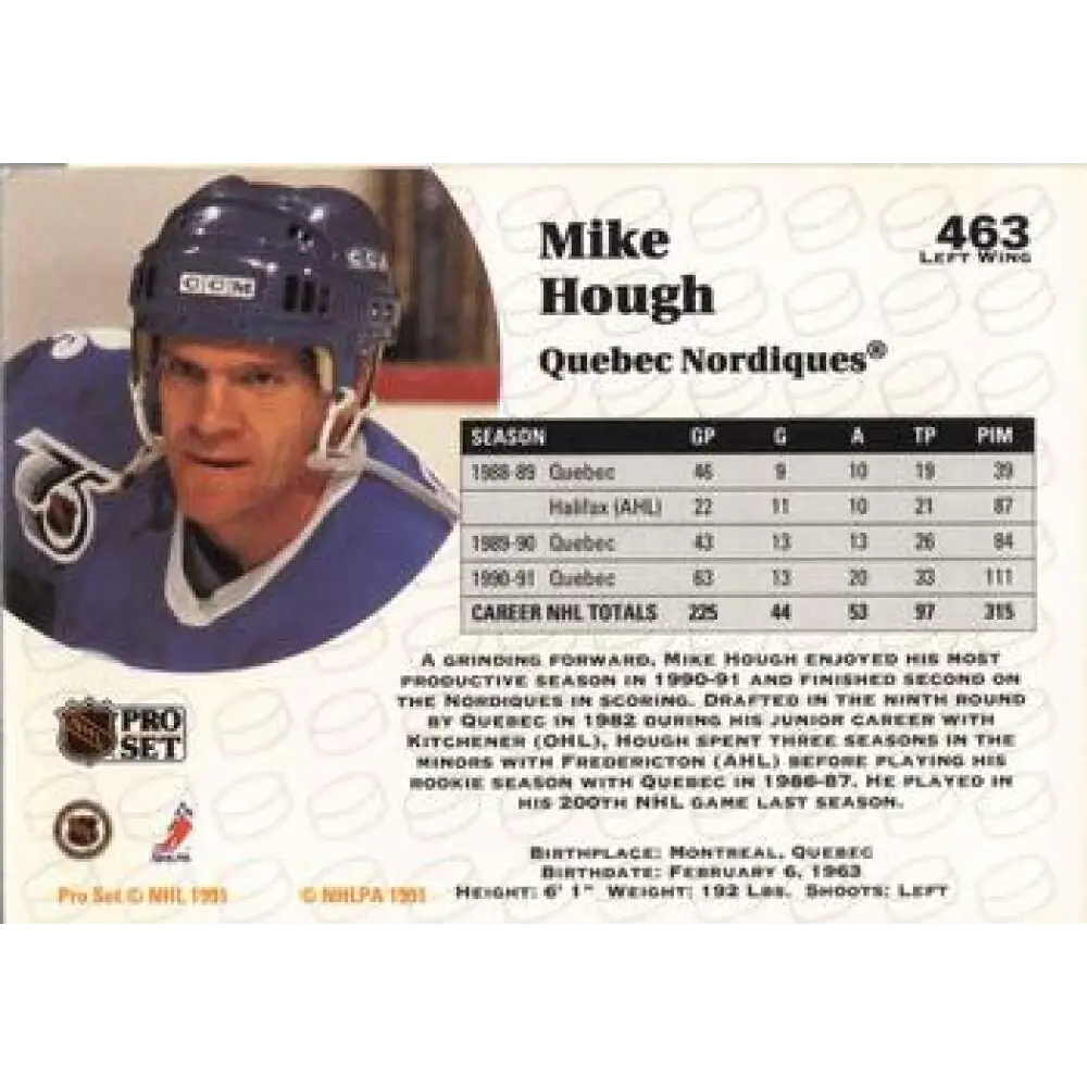 1991-92 Pro Set #463 Mike Hough NM-MT Quebec Nordiques Hockey Card Image 2
