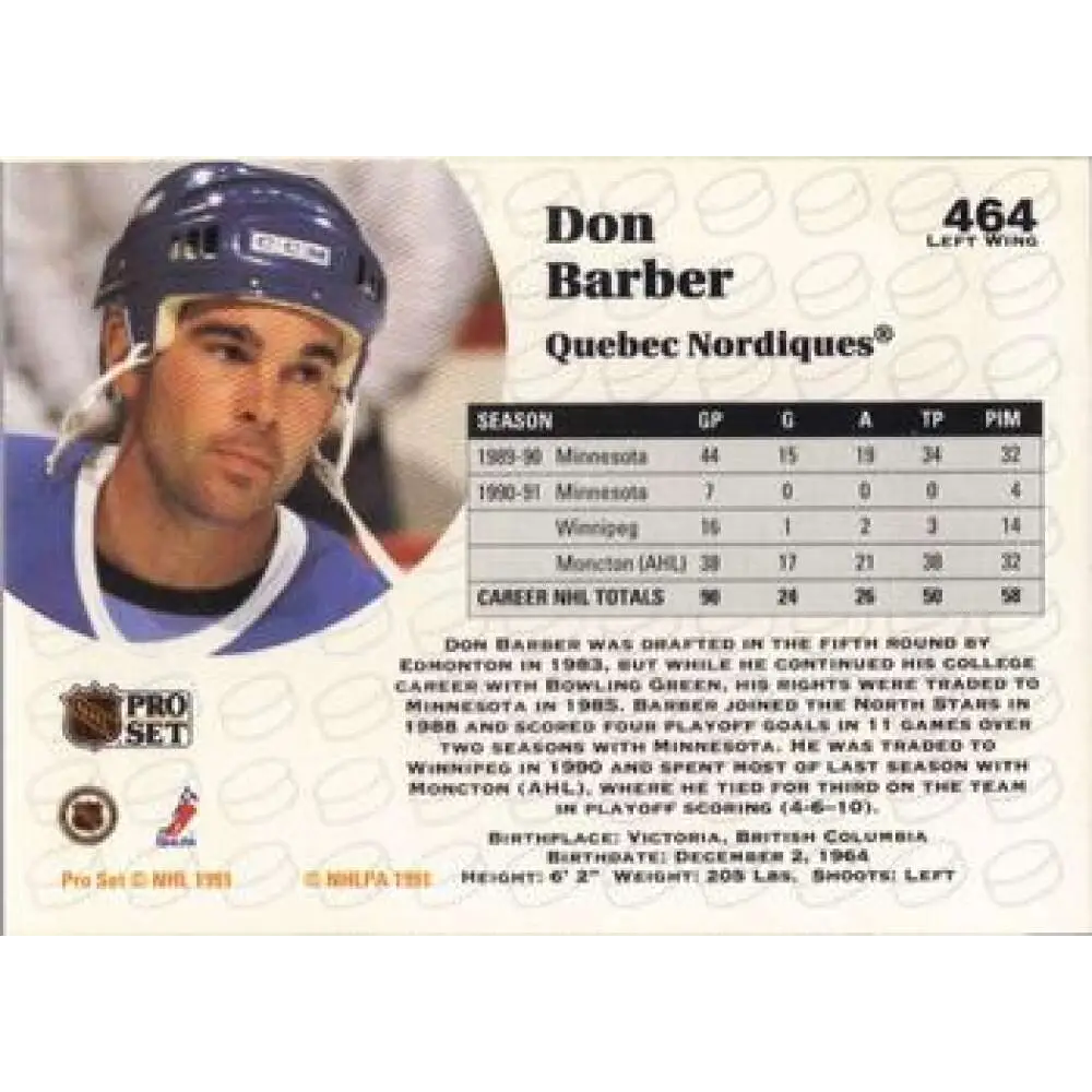 1991-92 Pro Set #464 Don Barber NM-MT Quebec Nordiques Hockey Card Image 2