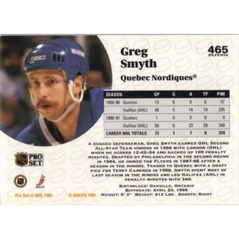 1991-92 Pro Set #465 Greg Smyth NM-MT RC Rookie Quebec Nordiques Hockey Card Image 2