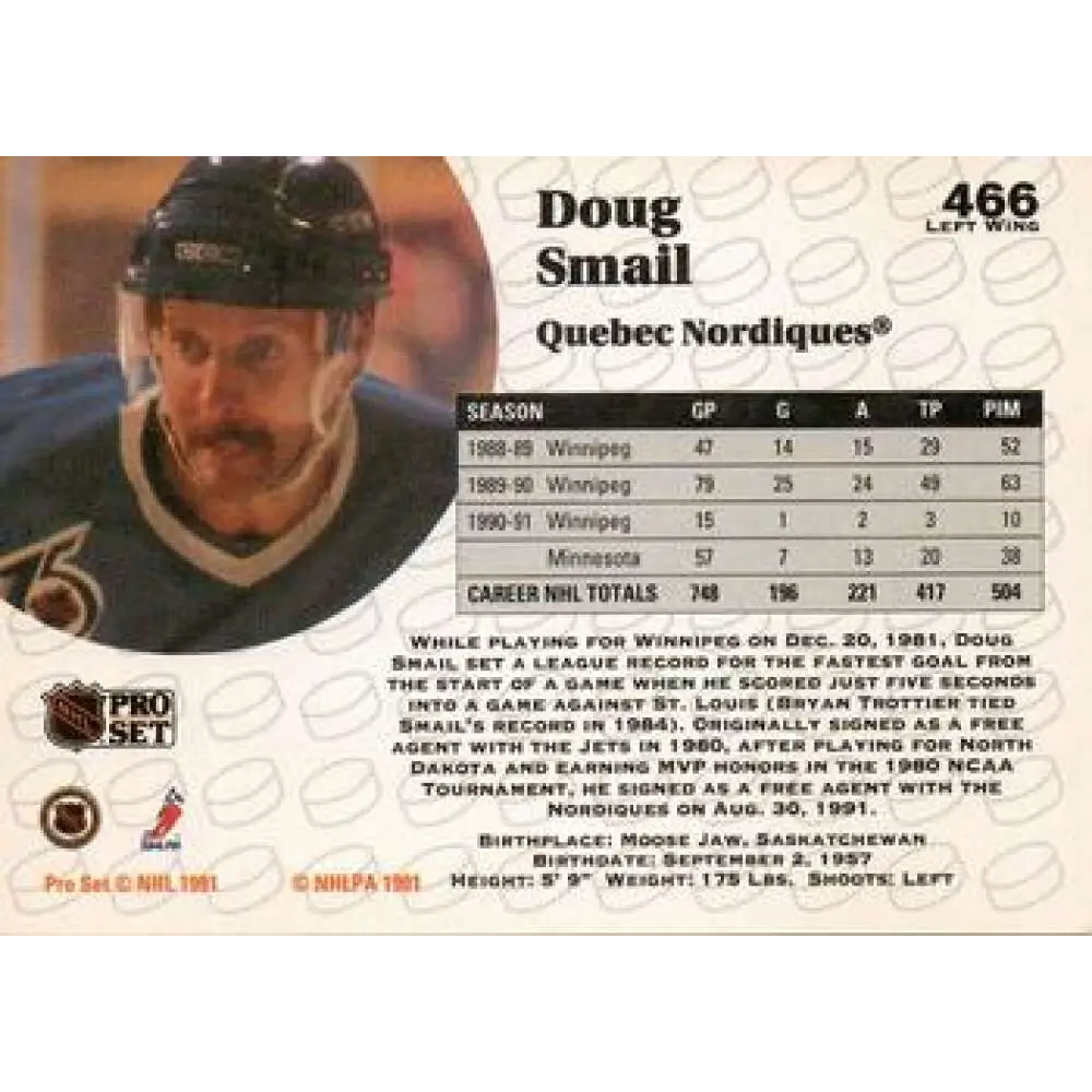1991-92 Pro Set #466 Doug Smail NM-MT Quebec Nordiques Hockey Card Image 2