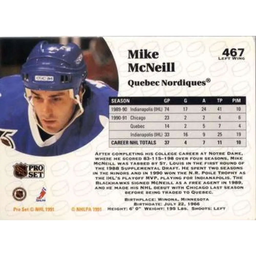 1991-92 Pro Set #467 Mike McNeill NM-MT Quebec Nordiques Hockey Card Image 2