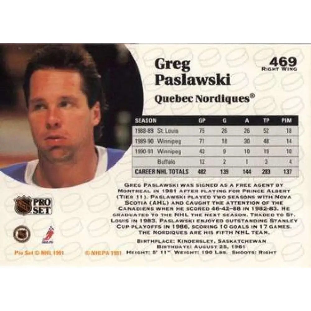 1991-92 Pro Set #469 Greg Paslawski NM-MT Quebec Nordiques Hockey Card Image 2