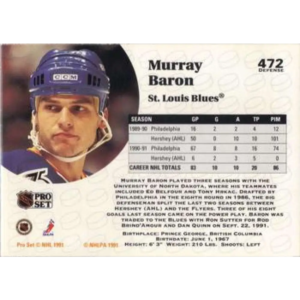 1991-92 Pro Set #472 Murray Baron NM-MT San Jose Sharks Hockey Card Image 2