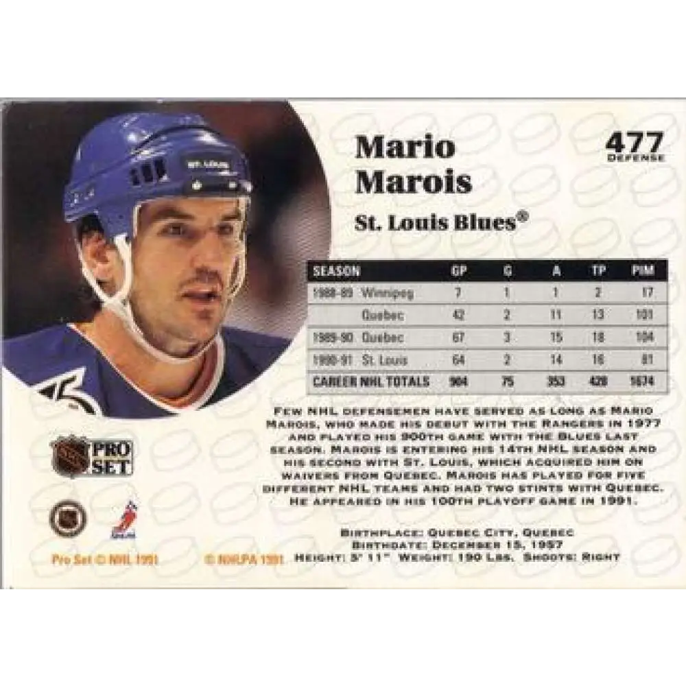 1991-92 Pro Set #477 Mario Marois NM-MT San Jose Sharks Hockey Card Image 2