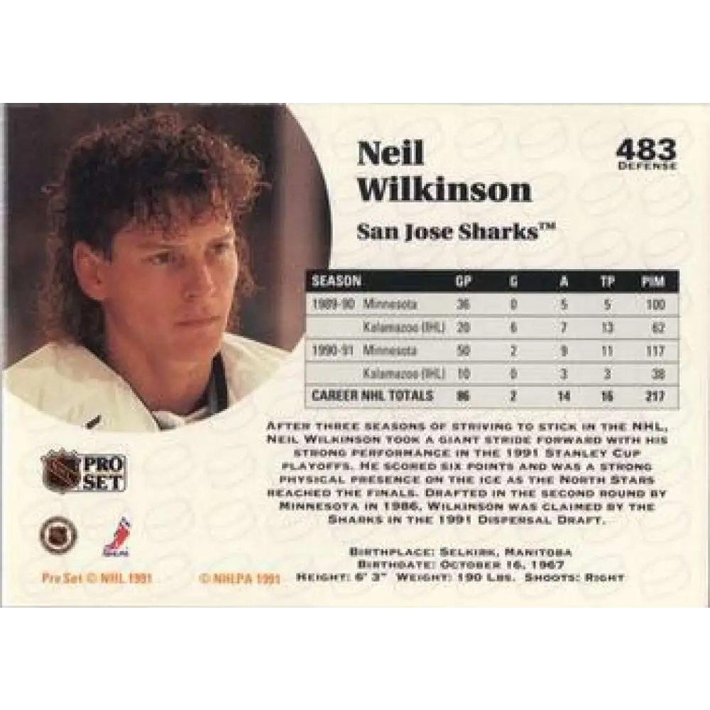 1991-92 Pro Set #483 Neil Wilkinson NM-MT St. Louis Blues Hockey Card Image 2