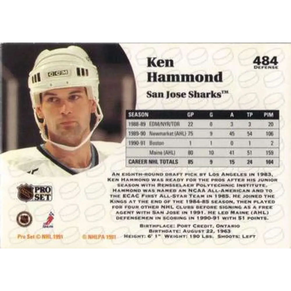1991-92 Pro Set #484 Ken Hammond NM-MT RC Rookie St. Louis Blues Hockey Card Image 2