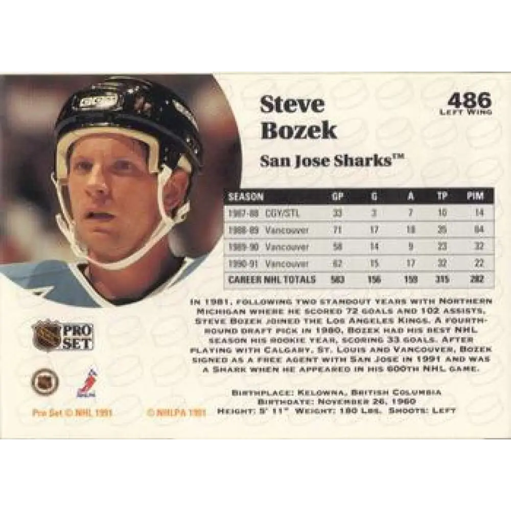 1991-92 Pro Set #486 Steve Bozek NM-MT St. Louis Blues Hockey Card Image 2