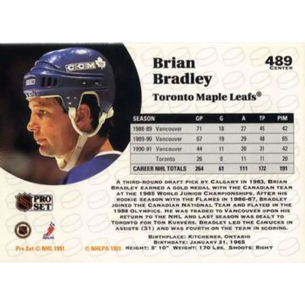 1991-92 Pro Set #489 Brian Bradley NM-MT Toronto Maple Leafs Hockey Card Image 2